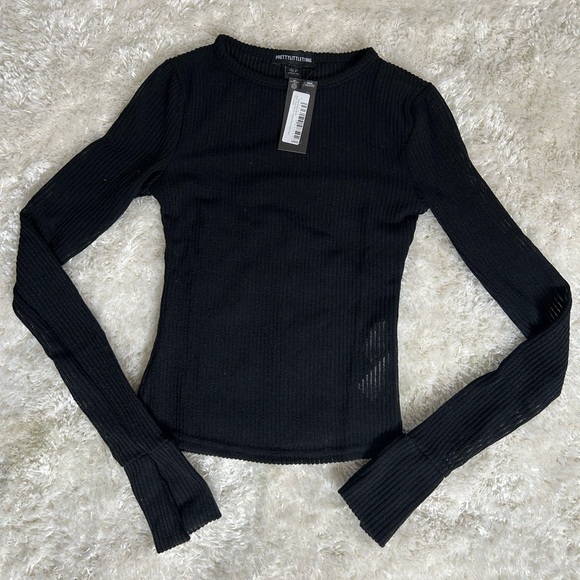 PLT black sheer soft rub longline flared sleeve top - Picture 1 of 2